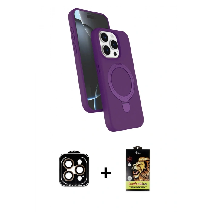 MARSİLYAN™- iPhone 14 Pro Max Kılıf İz Işık Koleksiyonu - Siyah Buffer Cam Ekran Koruyucu + Turuncu PVD Metal Kamera Lens