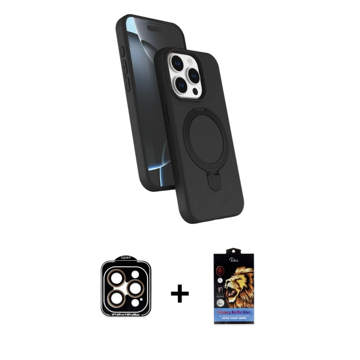 MARSİLYAN™- iPhone 14 Pro Max Kılıf İz Işık Koleksiyonu - Siyah Buffer Hayalet Cam Ekran Koruyucu + PVD Metal Kamera Lens - TU