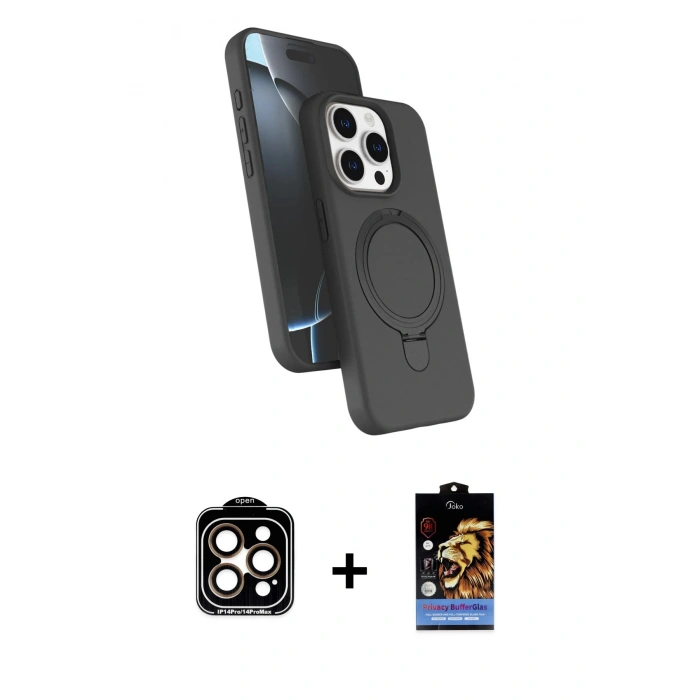 MARSİLYAN™- iPhone 14 Pro Max Kılıf İz Işık Koleksiyonu - Siyah Buffer Hayalet Cam Ekran Koruyucu + PVD Metal Kamera Lens - TU