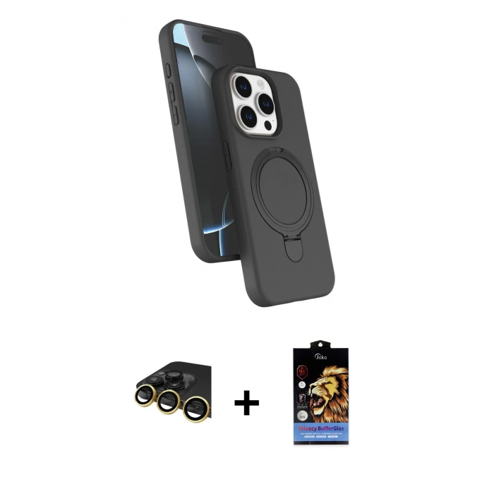 MARSİLYAN™- iPhone 14 Pro Max Kılıf İz Işık Koleksiyonu - Siyah Buffer Hayalet Cam Ekran Koruyucu + Raze Metal Kamera Lens - GD
