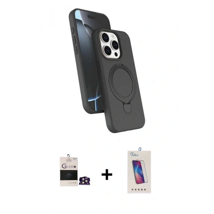 MARSİLYAN™- iPhone 14 Pro Max Kılıf İz Işık Koleksiyonu - Siyah Joko 5D Cam + Gold Bilvis Titan Kamera Lens
