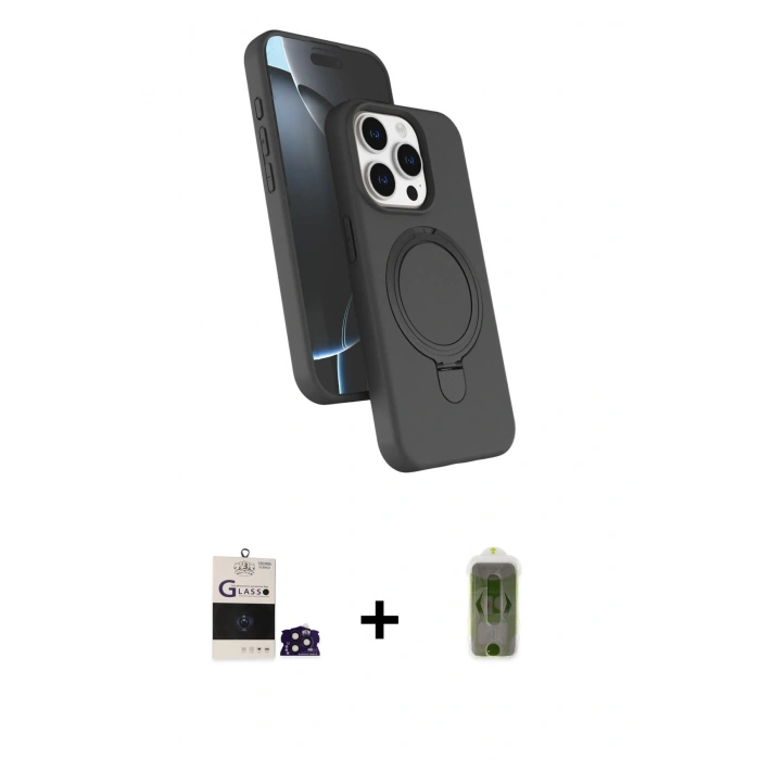 MARSİLYAN™- iPhone 14 Pro Max Kılıf İz Işık Koleksiyonu - Siyah Joko Magic 5D Hayalet Cam + Derin Mor Bilvis Titan Kamera Lens