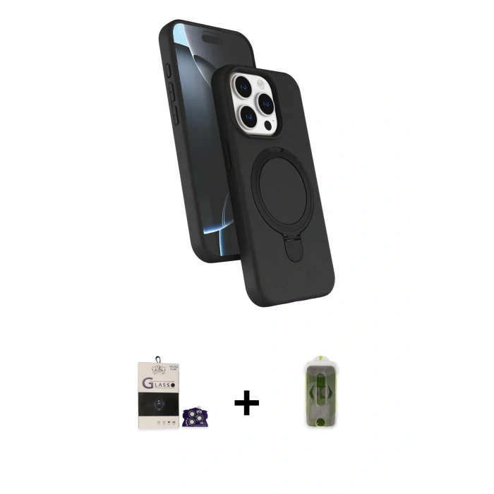 MARSİLYAN™- iPhone 14 Pro Max Kılıf İz Işık Koleksiyonu - Siyah Joko Magic 5D Hayalet Cam + Gümüş Bilvis Titan Kamera Lens