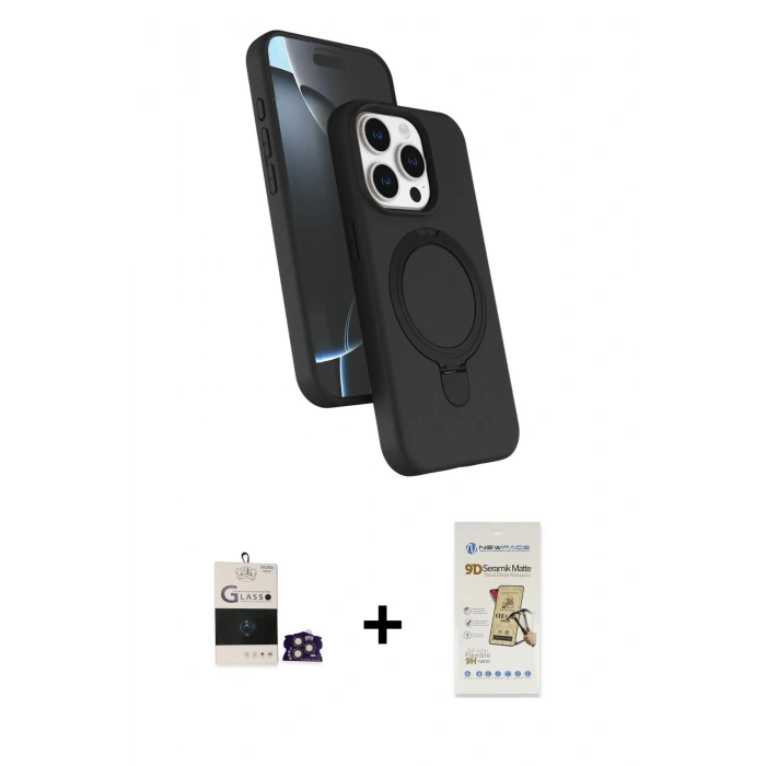 MARSİLYAN™- iPhone 14 Pro Max Kılıf İz Işık Koleksiyonu - Siyah Mat Seramik Nano Ekran Koruyucu + Bilvis Titan Kamera Lens - GD