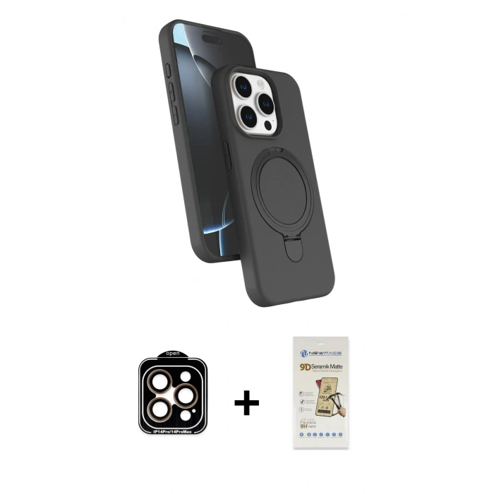 MARSİLYAN™- iPhone 14 Pro Max Kılıf İz Işık Koleksiyonu - Siyah Mat Seramik Nano Ekran Koruyucu + PVD Metal Kamera Lens - TU
