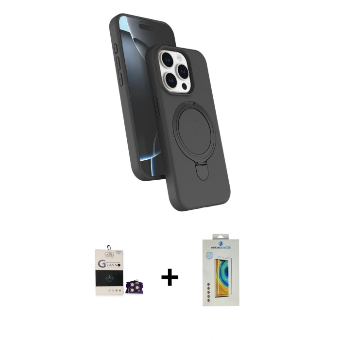MARSİLYAN™- iPhone 14 Pro Max Kılıf İz Işık Koleksiyonu - Siyah Polymer Nano Ekran Koruyucu + Gold Bilvis Titan Kamera Lens