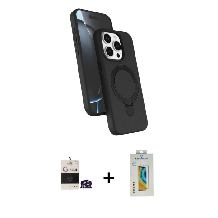 MARSİLYAN™- iPhone 14 Pro Max Kılıf İz Işık Koleksiyonu - Siyah Polymer Nano Ekran Koruyucu + Gümüş Bilvis Titan Kamera Lens