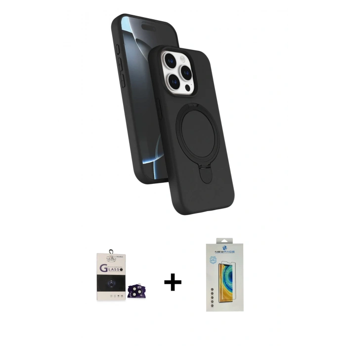 MARSİLYAN™- iPhone 14 Pro Max Kılıf İz Işık Koleksiyonu - Siyah Polymer Nano Ekran Koruyucu + Bilvis Titan Kamera Lens - SH