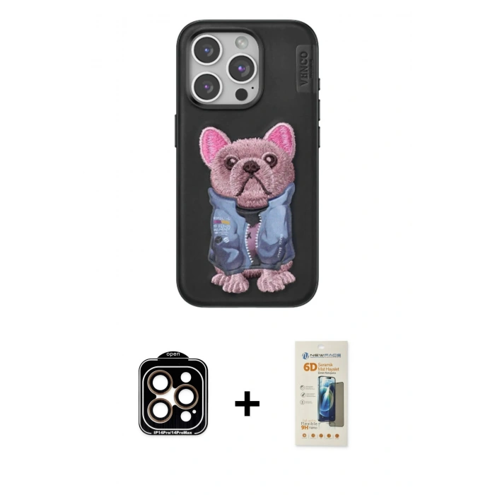 MARSİLYAN™- iPhone 14 Pro Max Kılıf İz Minimal Koleksiyonu - Siyah 6D Mat Seramik Hayalet Nano Ekran Koruyucu + PVD Metal Kamera Lens - TU
