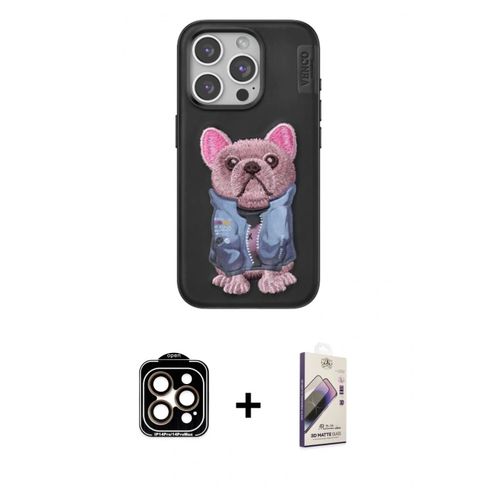 MARSİLYAN™- iPhone 14 Pro Max Kılıf İz Minimal Koleksiyonu - Siyah Bilvis 3D Mat Cam Ekran Koruyucu + PVD Metal Kamera Lens - TU