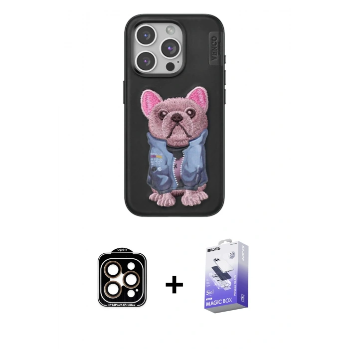 MARSİLYAN™- iPhone 14 Pro Max Kılıf İz Minimal Koleksiyonu - Siyah Bilvis 5in1 5D Magic Hayalet Cam Ekran Koruyucu + PVD Metal Kamera Lens - TU