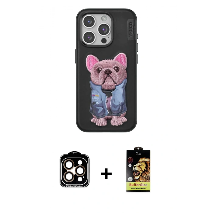 MARSİLYAN™- iPhone 14 Pro Max Kılıf İz Minimal Koleksiyonu - Siyah Buffer Cam Ekran Koruyucu + PVD Metal Kamera Lens - TU