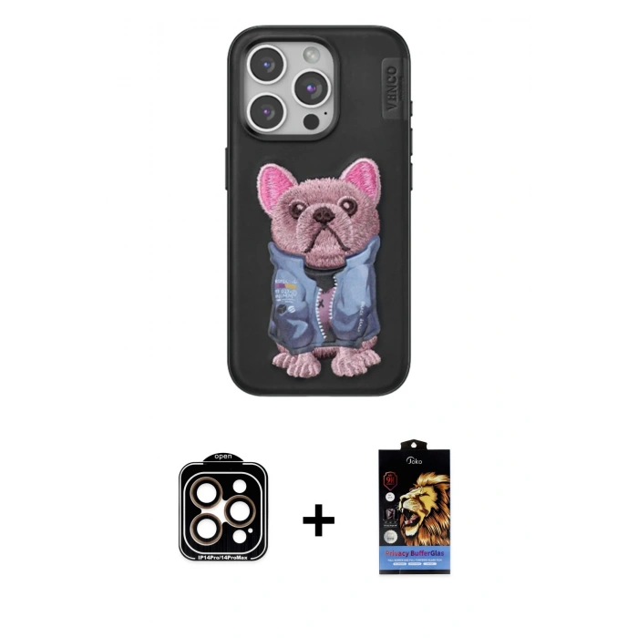 MARSİLYAN™- iPhone 14 Pro Max Kılıf İz Minimal Koleksiyonu - Siyah Buffer Hayalet Cam Ekran Koruyucu + PVD Metal Kamera Lens - TU