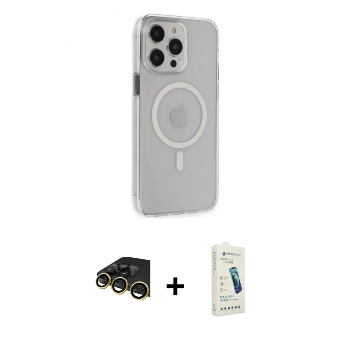 MARSİLYAN™- iPhone 14 Pro Max Kılıf Kıvılcım Asil Özel Seri - Şeffaf Pasifik Cam Ekran Koruyucu + Gold Raze Metal Kamera Lens