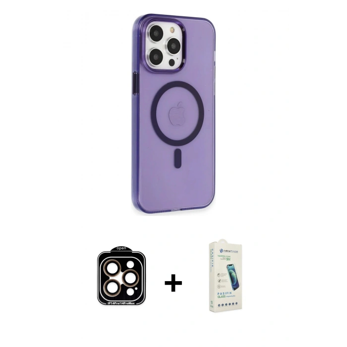 MARSİLYAN™- iPhone 14 Pro Max Kılıf Kıvılcım Asil Özel Seri - Şeffaf Pasifik Cam Ekran Koruyucu + Turuncu PVD Metal Kamera Lens