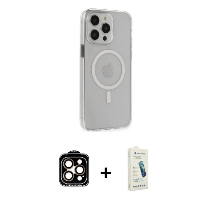 MARSİLYAN™- iPhone 14 Pro Max Kılıf Kıvılcım Asil Özel Seri - Şeffaf Pasifik Cam Ekran Koruyucu + Turuncu PVD Metal Kamera Lens
