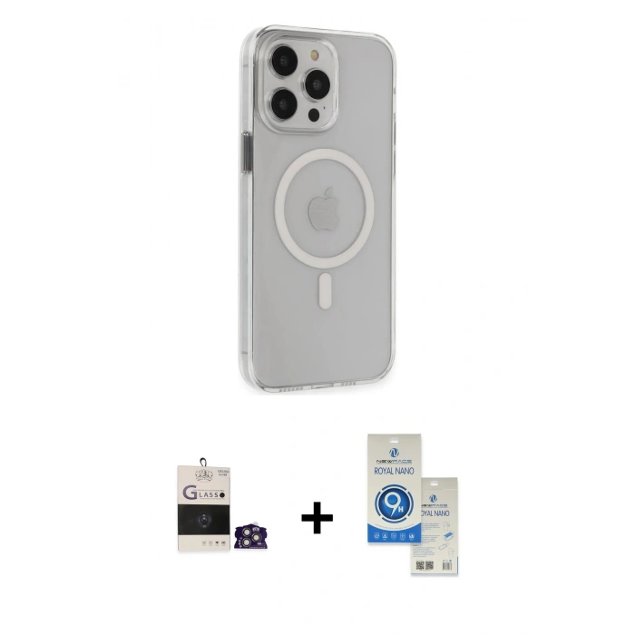 MARSİLYAN™- iPhone 14 Pro Max Kılıf Kıvılcım Asil Özel Seri - Şeffaf Royal Nano Ekran Koruyucu + Gümüş Bilvis Titan Kamera Lens