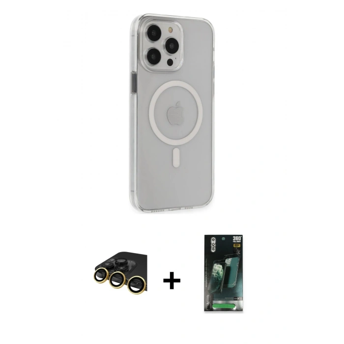 MARSİLYAN™- iPhone 14 Pro Max Kılıf Kıvılcım Asil Özel Seri - Siyah 360 Mat Full Body Arka Koruyucu + Gold Raze Metal Kamera Lens