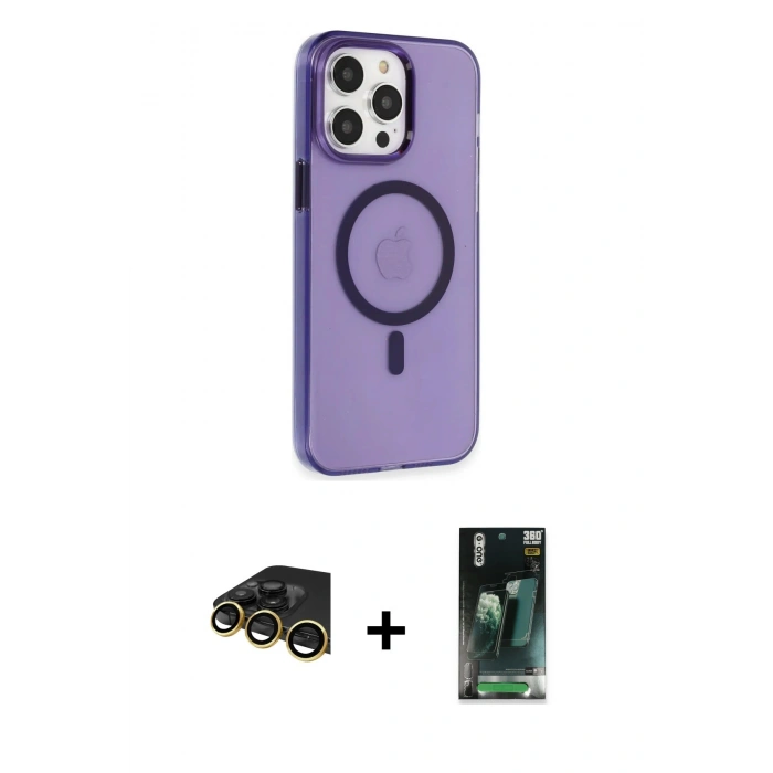 MARSİLYAN™- iPhone 14 Pro Max Kılıf Kıvılcım Asil Özel Seri - Siyah 360 Mat Full Body Arka Koruyucu + Gold Raze Metal Kamera Lens