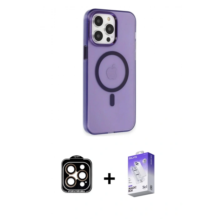MARSİLYAN™- iPhone 14 Pro Max Kılıf Kıvılcım Asil Özel Seri - Siyah Bilvis 5in1 3D Magic Cam Ekran Koruyucu + PVD Metal Kamera Lens - TU