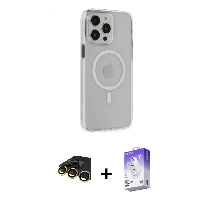 MARSİLYAN™- iPhone 14 Pro Max Kılıf Kıvılcım Asil Özel Seri - Siyah Bilvis 5in1 3D Magic Cam Ekran Koruyucu + Gold Raze Metal Kamera Lens
