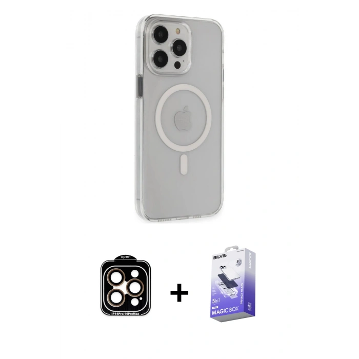 MARSİLYAN™- iPhone 14 Pro Max Kılıf Kıvılcım Asil Özel Seri - Siyah Bilvis 5in1 5D Magic Hayalet Cam Ekran Koruyucu + PVD Metal Kamera Lens - TU
