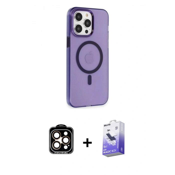 MARSİLYAN™- iPhone 14 Pro Max Kılıf Kıvılcım Asil Özel Seri - Siyah Bilvis 5in1 5D Magic Hayalet Cam Ekran Koruyucu + PVD Metal Kamera Lens - TU