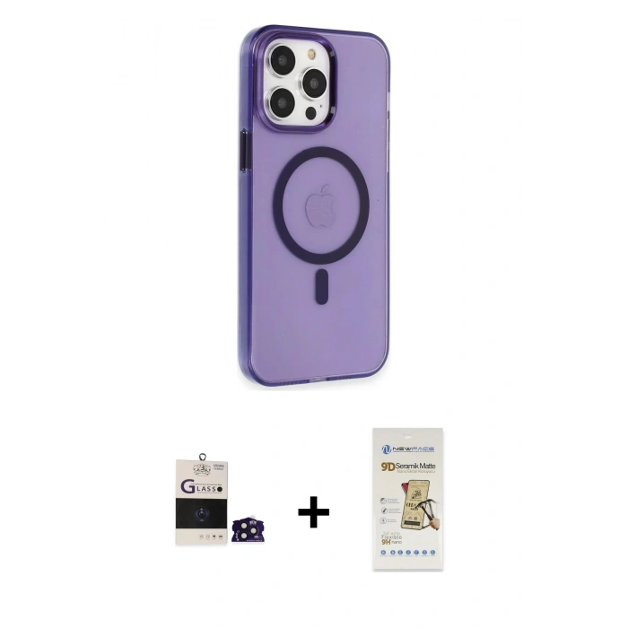 MARSİLYAN™- iPhone 14 Pro Max Kılıf Kıvılcım Asil Özel Seri - Siyah Mat Seramik Nano Ekran Koruyucu + Derin Mor Bilvis Titan Kamera Lens