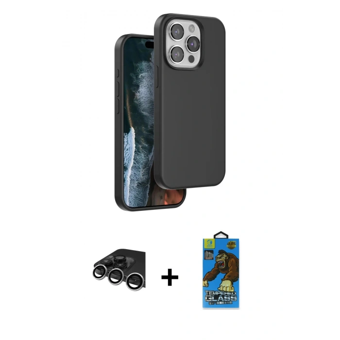 MARSİLYAN™- iPhone 14 Pro Max Kılıf Kıvılcım Çizgi Serisi - Siyah 18D Cam Ekran Koruyucu + Raze Metal Kamera Lens - GS
