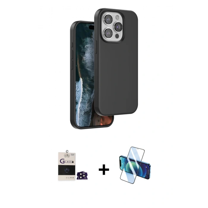 MARSİLYAN™- iPhone 14 Pro Max Kılıf Kıvılcım Çizgi Serisi - Siyah 3D Antistatik Cam Ekran Koruyucu + Bilvis Titan Kamera Lens - DNMR