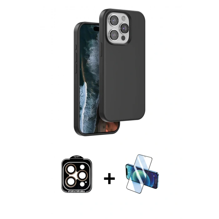 MARSİLYAN™- iPhone 14 Pro Max Kılıf Kıvılcım Çizgi Serisi - Siyah 3D Antistatik Cam Ekran Koruyucu + PVD Metal Kamera Lens - TU