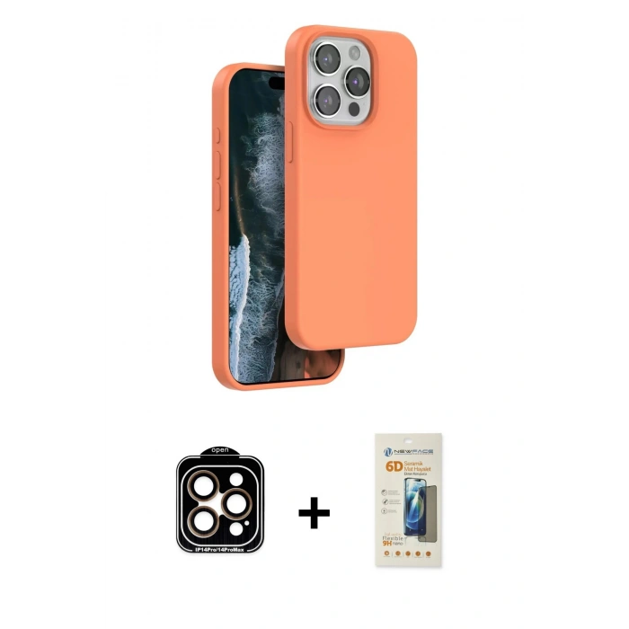 MARSİLYAN™- iPhone 14 Pro Max Kılıf Kıvılcım Çizgi Serisi - Siyah 6D Mat Seramik Hayalet Nano Ekran Koruyucu + PVD Metal Kamera Lens - TU