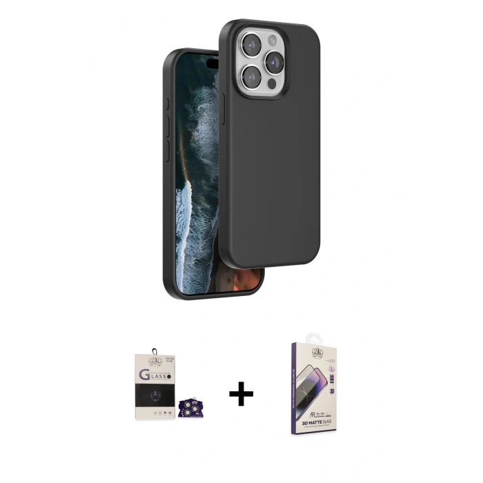 MARSİLYAN™- iPhone 14 Pro Max Kılıf Kıvılcım Çizgi Serisi - Siyah Bilvis 3D Mat Cam Ekran Koruyucu + Bilvis Titan Kamera Lens - GS