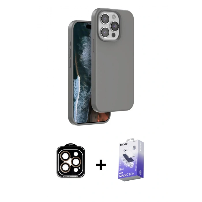 MARSİLYAN™- iPhone 14 Pro Max Kılıf Kıvılcım Çizgi Serisi - Siyah Bilvis 5in1 5D Magic Hayalet Cam Ekran Koruyucu + PVD Metal Kamera Lens - TU