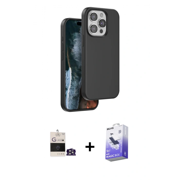 MARSİLYAN™- iPhone 14 Pro Max Kılıf Kıvılcım Çizgi Serisi - Siyah Bilvis 5in1 5D Magic Hayalet Cam Ekran Koruyucu + Bilvis Titan Kamera Lens - GS