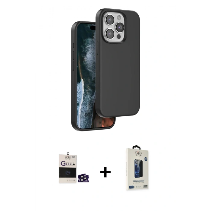 MARSİLYAN™- iPhone 14 Pro Max Kılıf Kıvılcım Çizgi Serisi - Siyah Bilvis Hayalet Cam Ekran Koruyucu + Derin Mor Bilvis Titan Kamera Lens
