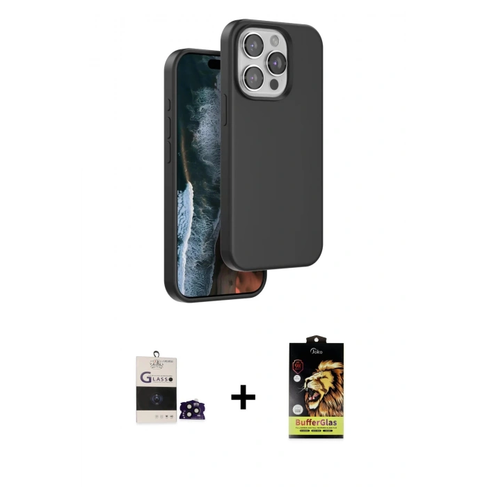 MARSİLYAN™- iPhone 14 Pro Max Kılıf Kıvılcım Çizgi Serisi - Siyah Buffer Cam Ekran Koruyucu + Bilvis Titan Kamera Lens - SH
