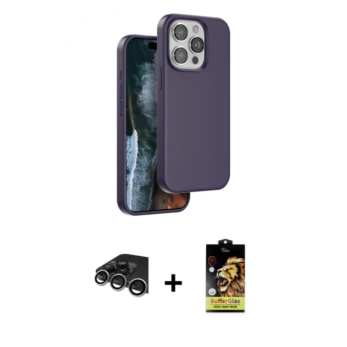 MARSİLYAN™- iPhone 14 Pro Max Kılıf Kıvılcım Çizgi Serisi - Siyah Buffer Cam Ekran Koruyucu + Gümüş Raze Metal Kamera Lens