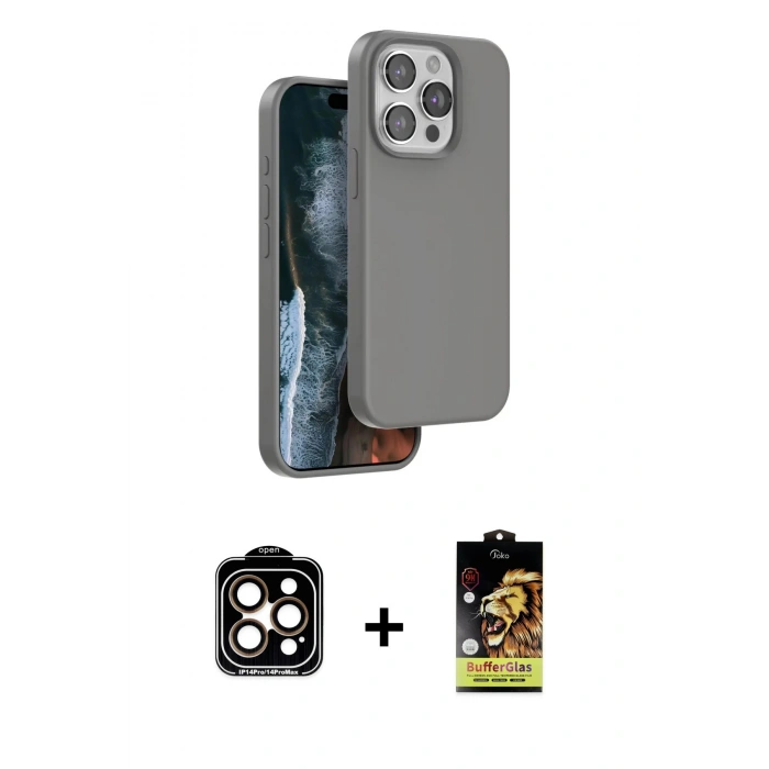 MARSİLYAN™- iPhone 14 Pro Max Kılıf Kıvılcım Çizgi Serisi - Siyah Buffer Cam Ekran Koruyucu + Turuncu PVD Metal Kamera Lens