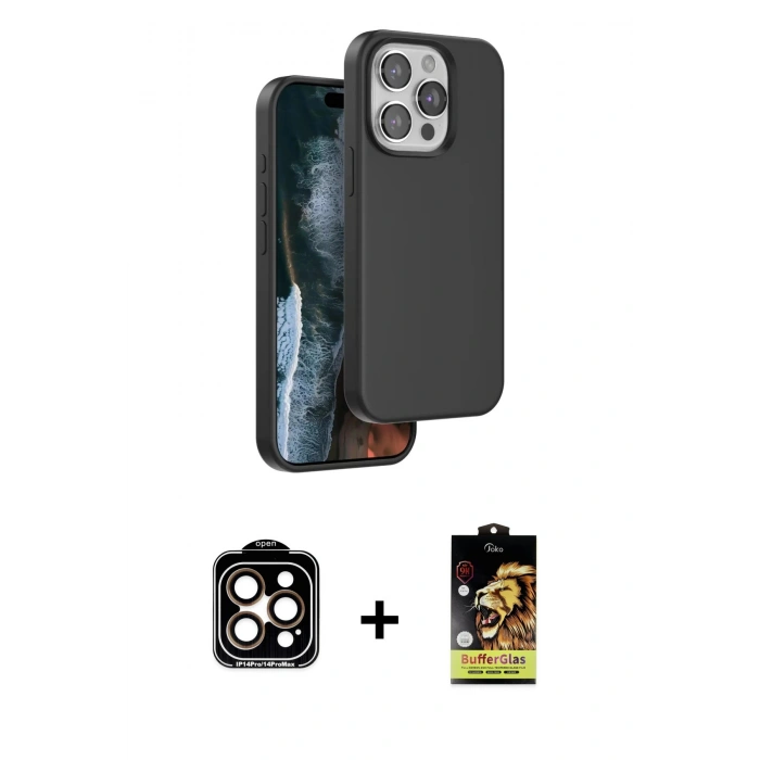 MARSİLYAN™- iPhone 14 Pro Max Kılıf Kıvılcım Çizgi Serisi - Siyah Buffer Cam Ekran Koruyucu + Turuncu PVD Metal Kamera Lens
