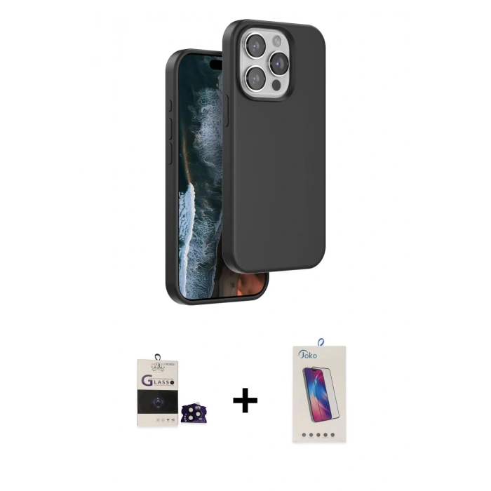 MARSİLYAN™- iPhone 14 Pro Max Kılıf Kıvılcım Çizgi Serisi - Siyah Joko 5D Cam + Siyah Bilvis Titan Kamera Lens