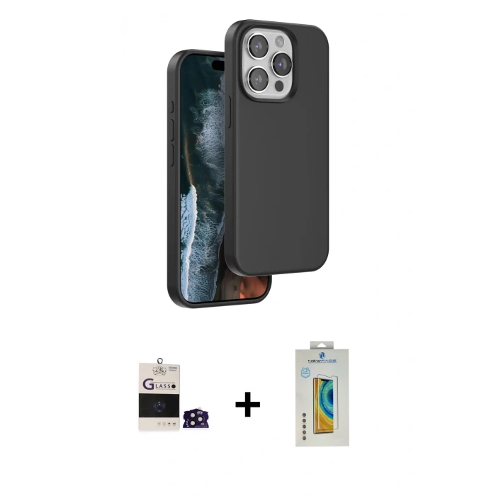 MARSİLYAN™- iPhone 14 Pro Max Kılıf Kıvılcım Çizgi Serisi - Siyah Polymer Nano Ekran Koruyucu + Derin Mor Bilvis Titan Kamera Lens
