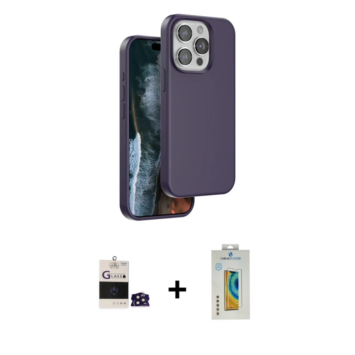 MARSİLYAN™- iPhone 14 Pro Max Kılıf Kıvılcım Çizgi Serisi - Siyah Polymer Nano Ekran Koruyucu + Derin Mor Bilvis Titan Kamera Lens
