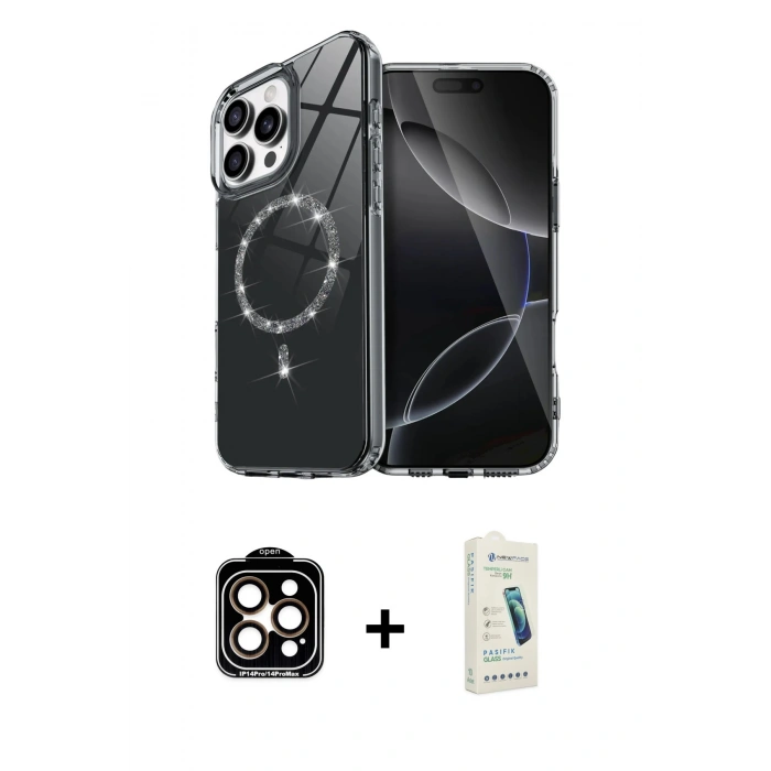 MARSİLYAN™- iPhone 14 Pro Max Kılıf Kıvılcım Form Prime - Şeffaf Pasifik Cam Ekran Koruyucu + PVD Metal Kamera Lens - TU