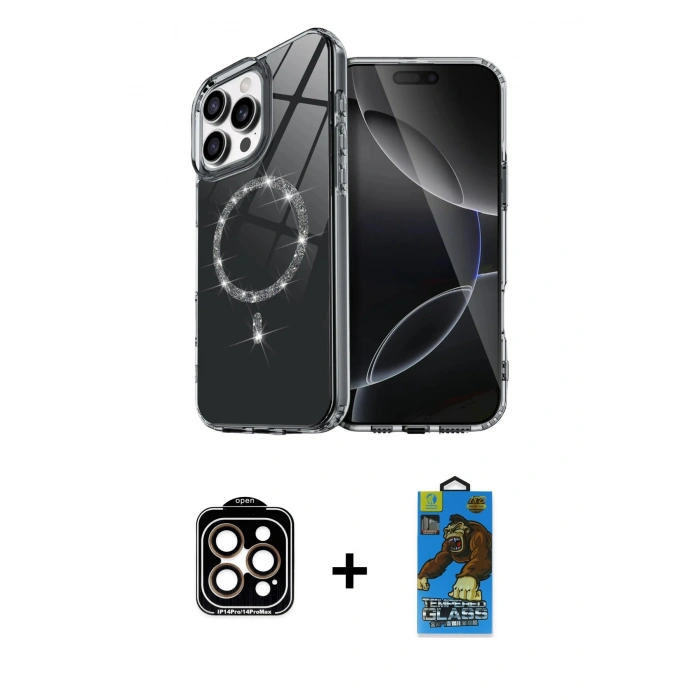 MARSİLYAN™- iPhone 14 Pro Max Kılıf Kıvılcım Form Prime - Siyah 18D Cam Ekran Koruyucu + PVD Metal Kamera Lens - TU