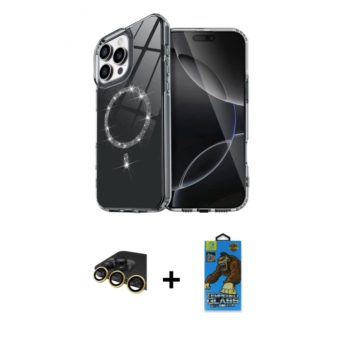 MARSİLYAN™- iPhone 14 Pro Max Kılıf Kıvılcım Form Prime - Siyah 18D Cam Ekran Koruyucu + Raze Metal Kamera Lens - GD