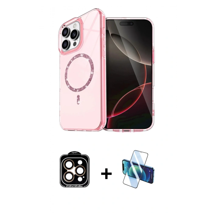 MARSİLYAN™- iPhone 14 Pro Max Kılıf Kıvılcım Form Prime - Siyah 3D Antistatik Cam Ekran Koruyucu + PVD Metal Kamera Lens - TU