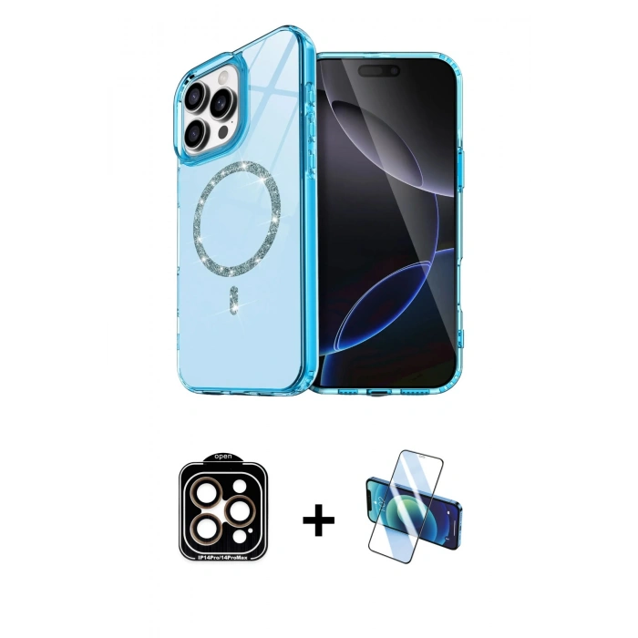 MARSİLYAN™- iPhone 14 Pro Max Kılıf Kıvılcım Form Prime - Siyah 3D Antistatik Cam Ekran Koruyucu + PVD Metal Kamera Lens - TU