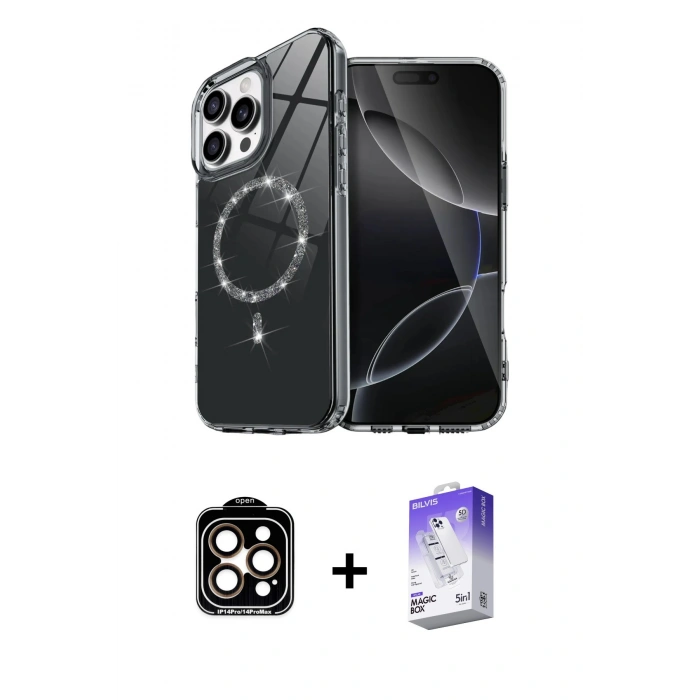 MARSİLYAN™- iPhone 14 Pro Max Kılıf Kıvılcım Form Prime - Siyah Bilvis 5in1 3D Magic Cam Ekran Koruyucu + Turuncu PVD Metal Kamera Lens