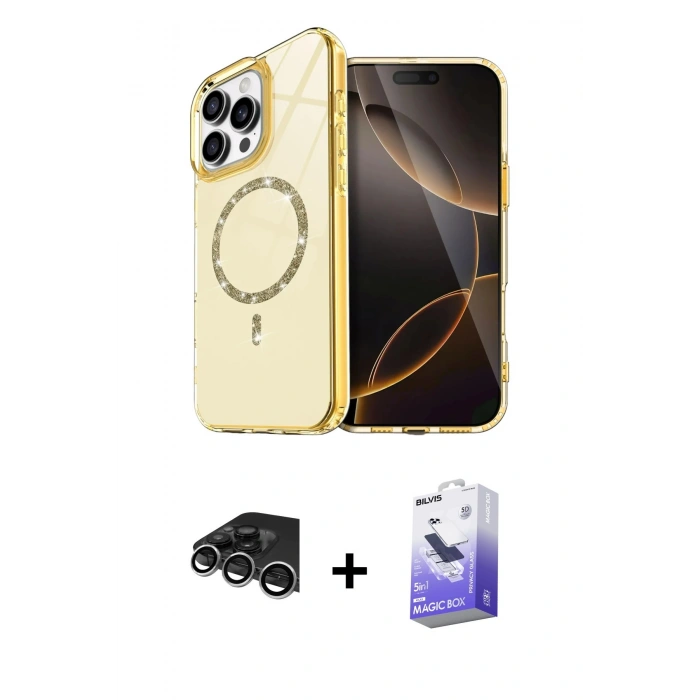 MARSİLYAN™- iPhone 14 Pro Max Kılıf Kıvılcım Form Prime - Siyah Bilvis 5in1 5D Magic Hayalet Cam Ekran Koruyucu + Raze Metal Kamera Lens - GS